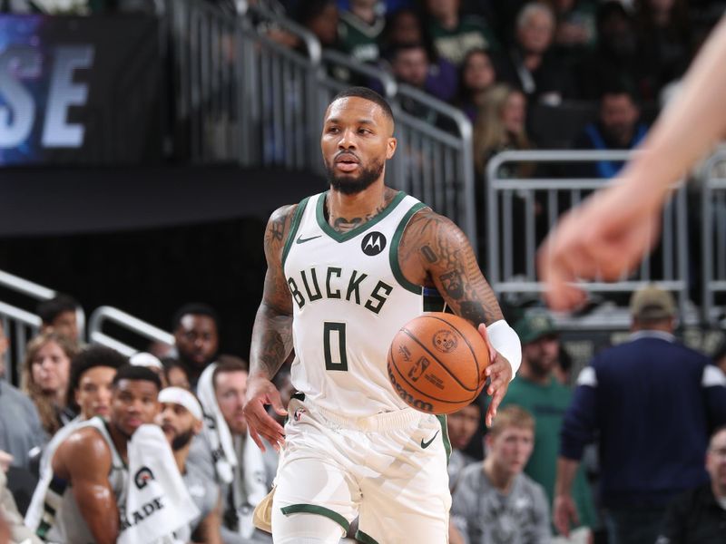 MILWAUKEE, WI - NOVEMBER 7: Damian Lillard #0 of the Milwaukee Bucks dribbles the ball during the game against the Utah Jazz on November 7, 2024 at Fiserv Forum Center in Milwaukee, Wisconsin. NOTE TO USER: User expressly acknowledges and agrees that, by downloading and or using this Photograph, user is consenting to the terms and conditions of the Getty Images License Agreement. Mandatory Copyright Notice: Copyright 2024 NBAE (Photo by Gary Dineen/NBAE via Getty Images).