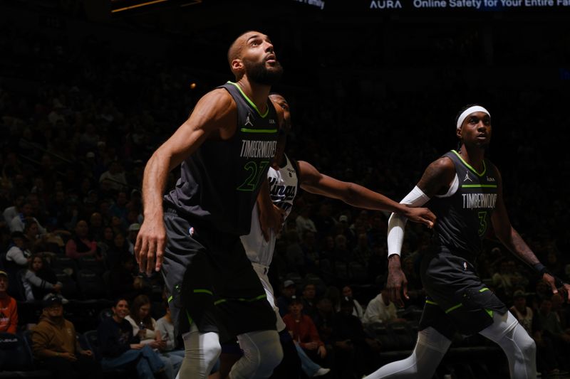 MINNEAPOLIS, MN -  MARCH 1: Rudy Gobert #27 of the Minnesota Timberwolves waits for a rebound during the game against the Sacramento Kings on March 1, 2024 at Target Center in Minneapolis, Minnesota. NOTE TO USER: User expressly acknowledges and agrees that, by downloading and or using this Photograph, user is consenting to the terms and conditions of the Getty Images License Agreement. Mandatory Copyright Notice: Copyright 2024 NBAE (Photo by David Sherman/NBAE via Getty Images)