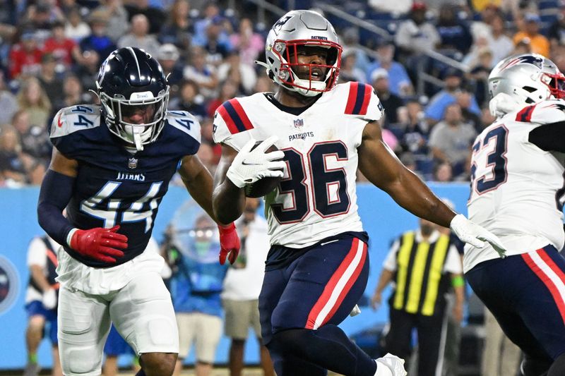 New England Patriots running back Kevin Harris (36) carries for a touchdown against Tennessee Titans safety Mike Brown (44) in the first half of an NFL preseason football game against the Tennessee Titans Friday, Aug. 25, 2023, in Nashville, Tenn. (AP Photo/John Amis)