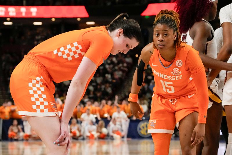 Mar 9, 2024; Greensville, SC, USA; Tennessee Lady Vols guard Jasmine Powell (15) comforts guard Sara Puckett (1) during the second half against the South Carolina Gamecocks at Bon Secours Wellness Arena. Mandatory Credit: Jim Dedmon-USA TODAY Sports