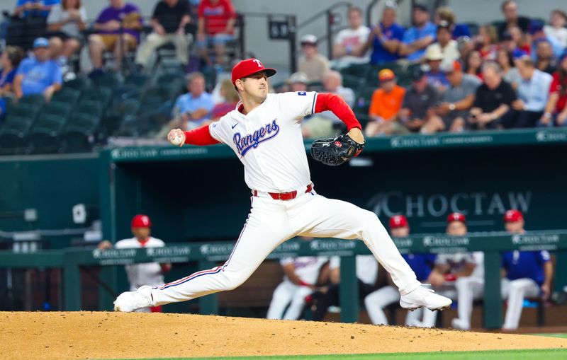 Aug 6, 2024; Arlington, Texas, USA; Texas Rangers starting pitcher Tyler Mahle (51) throws during the third inning against the Houston Astros at Globe Life Field. Mandatory Credit: Kevin Jairaj-USA TODAY Sports