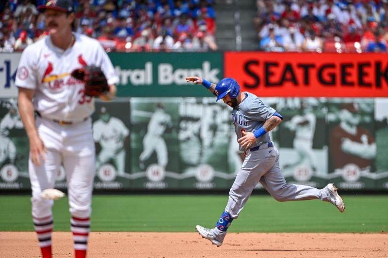 Jul 14, 2024; St. Louis, Missouri, USA;  Chicago Cubs catcher Tomas Nido (6) reacts as he runs the bases after hitting a solo home run off of St. Louis Cardinals starting pitcher Miles Mikolas (39) during the fifth inning at Busch Stadium. Mandatory Credit: Jeff Curry-USA TODAY Sports