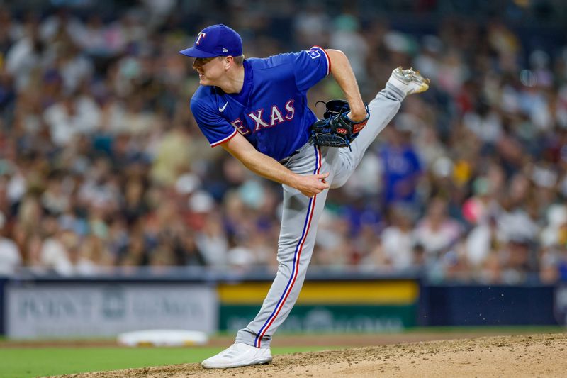 Jul 29, 2023; San Diego, California, USA; Texas Rangers relief pitcher Josh Sborz (66) throws a pitch during the eighth inning against the San Diego Padres at Petco Park. Mandatory Credit: David Frerker-USA TODAY Sports