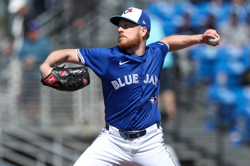 Mar 21, 2025; Dunedin, Florida, USA; Toronto Blue Jays pitcher Richard Lovelady (68) throws a pitch against the Philadelphia Phillies in the eighth inning during spring training at TD Ballpark. Mandatory Credit: Nathan Ray Seebeck-Imagn Images