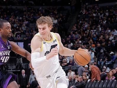 SACRAMENTO, CA - DECEMBER 16: Lauri Markkanen #23 of the Utah Jazz dribbles the ball during the game against the Sacramento Kings on December 16, 2023 at Golden 1 Center in Sacramento, California. NOTE TO USER: User expressly acknowledges and agrees that, by downloading and or using this Photograph, user is consenting to the terms and conditions of the Getty Images License Agreement. Mandatory Copyright Notice: Copyright 2023 NBAE (Photo by Rocky Widner/NBAE via Getty Images)