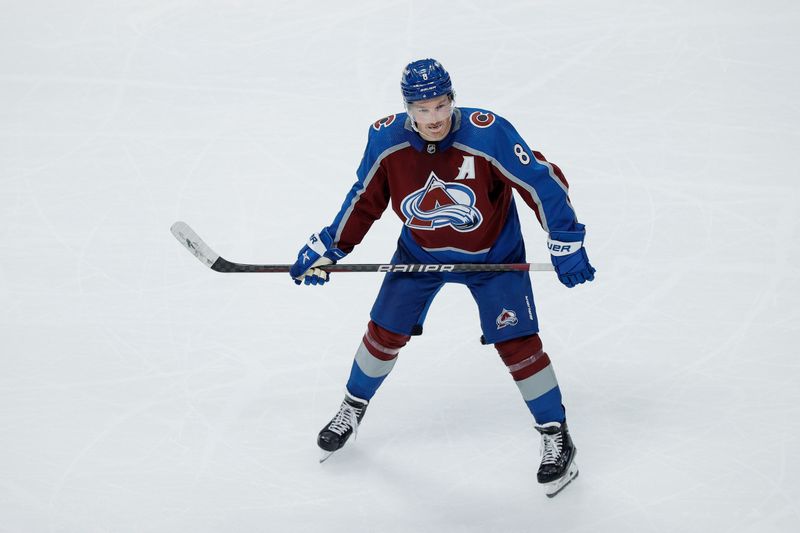 Oct 19, 2023; Denver, Colorado, USA; Colorado Avalanche defenseman Cale Makar (8) in the third period against the Chicago Blackhawks at Ball Arena. Mandatory Credit: Isaiah J. Downing-USA TODAY Sports