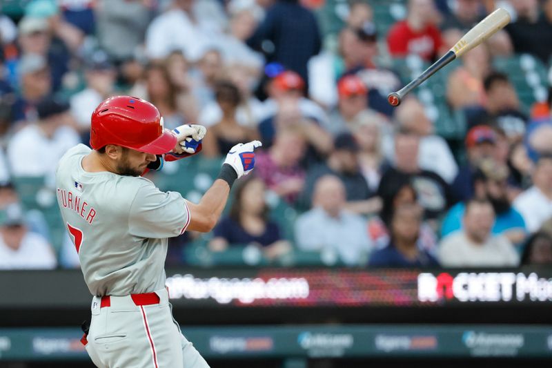 Jun 24, 2024; Detroit, Michigan, USA;  Philadelphia Phillies shortstop Trea Turner (7) loses his bat in the fourth inning against the Detroit Tigers at Comerica Park. Mandatory Credit: Rick Osentoski-USA TODAY Sports