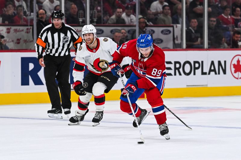 Oct 1, 2024; Montreal, Quebec, CAN; Montreal Canadiens right wing Joshua Roy (89) skates away with the puck against Ottawa Senators defenseman Nick Jensen (3) during the second period at Bell Centre. Mandatory Credit: David Kirouac-Imagn Images