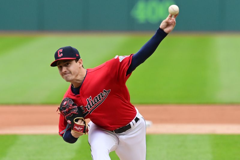 Apr 23, 2023; Cleveland, Ohio, USA; Cleveland Guardians pitcher Logan Allen (41) throws a pitch during the first inning against the Miami Marlins at Progressive Field. Mandatory Credit: Ken Blaze-USA TODAY Sports