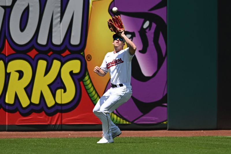 Jun 22, 2023; Cleveland, Ohio, USA; Cleveland Guardians center fielder Myles Straw (7) catches a ball hit by Oakland Athletics shortstop Aledmys Diaz (not pictured) during the fifth inning at Progressive Field. Mandatory Credit: Ken Blaze-USA TODAY Sports