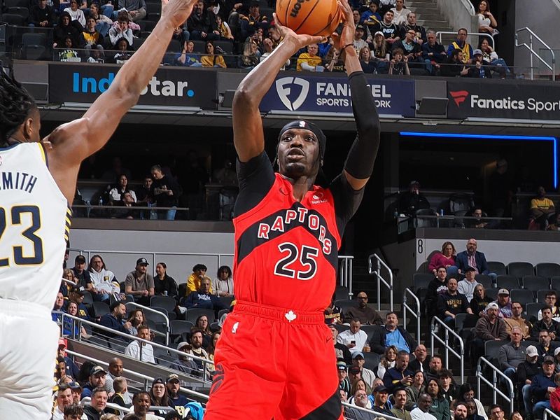 INDIANAPOLIS, IN - FEBRUARY 26: Chris Boucher #25 of the Toronto Raptors shoots the ball during the game against the Indiana Pacers on February 26, 2025 at Gainbridge Fieldhouse in Indianapolis, Indiana. NOTE TO USER: User expressly acknowledges and agrees that, by downloading and or using this Photograph, user is consenting to the terms and conditions of the Getty Images License Agreement. Mandatory Copyright Notice: Copyright 2025 NBAE (Photo by Ron Hoskins/NBAE via Getty Images)