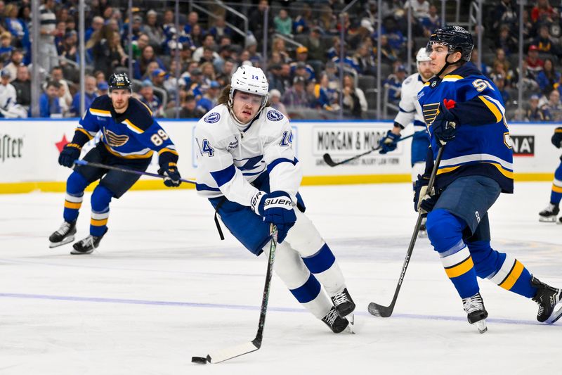 Nov 5, 2024; St. Louis, Missouri, USA;  Tampa Bay Lightning center Conor Geekie (14) controls the puck against the St. Louis Blues during the first period at Enterprise Center. Mandatory Credit: Jeff Curry-Imagn Images