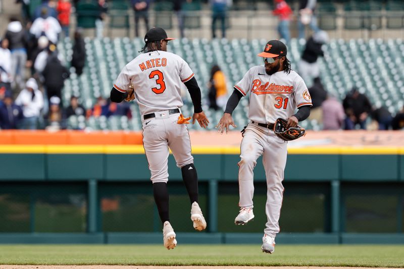 Apr 30, 2023; Detroit, Michigan, USA; Baltimore Orioles shortstop Jorge Mateo (3) and center fielder Cedric Mullins (31) celebrate after defeating the Detroit Tigers at Comerica Park. Mandatory Credit: Rick Osentoski-USA TODAY Sports