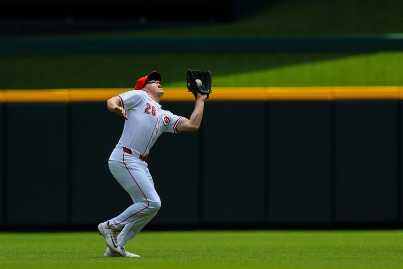 May 23, 2024; Cincinnati, Ohio, USA; Cincinnati Reds outfielder Jacob Hurtubise (26) catches a pop up hit by San Diego Padres second baseman Jake Cronenworth (not pictured) in the first inning at Great American Ball Park. Mandatory Credit: Katie Stratman-USA TODAY Sports