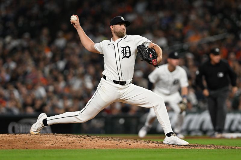 Sep 25, 2024; Detroit, Michigan, USA;  Detroit Tigers pitcher Will Vest (19) throws a pitch against the Tampa Bay Rays in the eighth inning at Comerica Park. Mandatory Credit: Lon Horwedel-Imagn Images