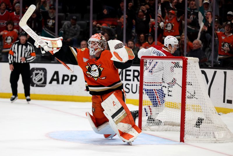 Mar 6, 2026; Anaheim, California, USA;  Anaheim Ducks goaltender Lukas Dostal (1) reacts after blocking a shot by Montreal Canadiens center Oliver Kapanen (91) during a shootout at Honda Center. Mandatory Credit: Kiyoshi Mio-Imagn Images