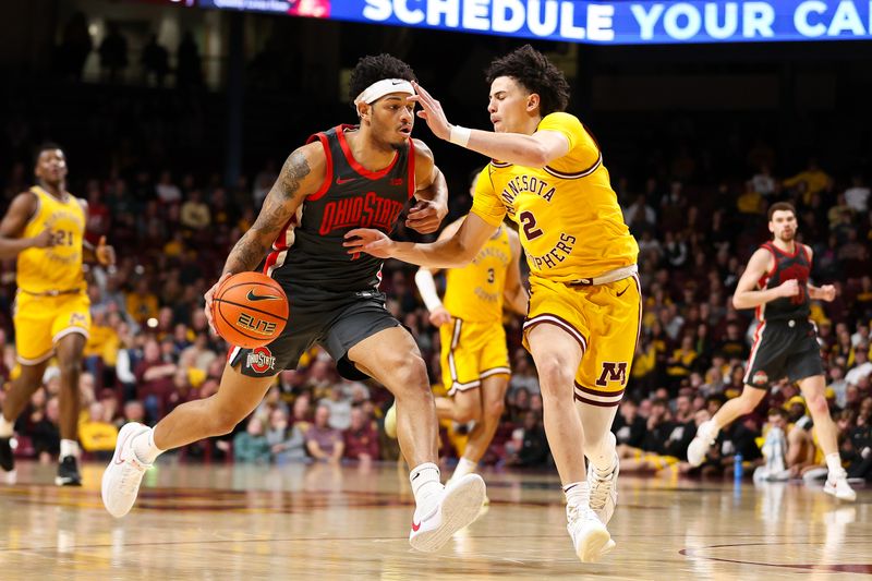 Feb 22, 2024; Minneapolis, Minnesota, USA; Ohio State Buckeyes guard Roddy Gayle Jr. (1) works around Minnesota Golden Gophers guard Mike Mitchell Jr. (2) during the second half at Williams Arena. Mandatory Credit: Matt Krohn-USA TODAY Sports