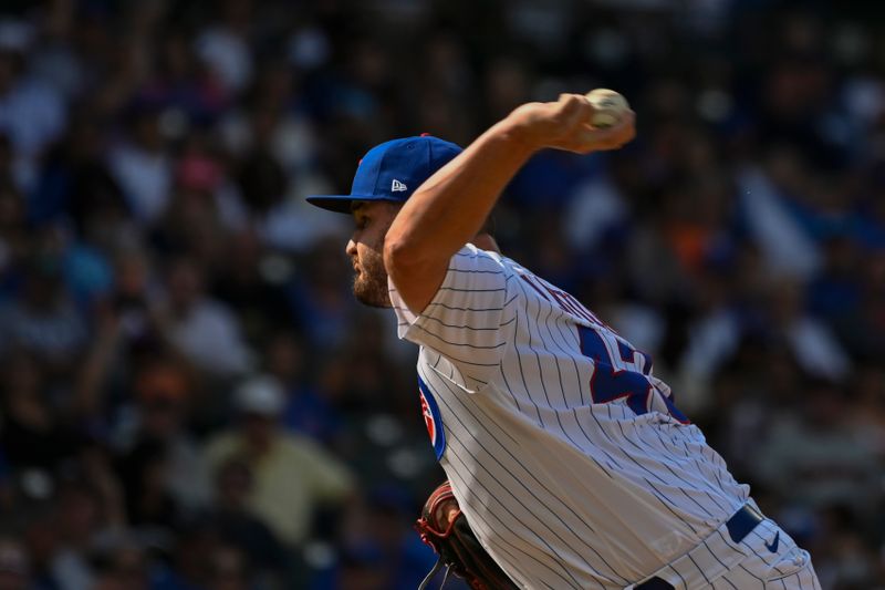 Sep 6, 2023; Chicago, Illinois, USA;  Chicago Cubs relief pitcher Luke Little (43) delivers the ball during the ninth inning against the San Francisco Giants at Wrigley Field. Mandatory Credit: Matt Marton-USA TODAY Sports