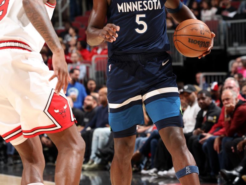 CHICAGO, IL - OCTOBER 19: Anthony Edwards #5 of the Minnesota Timberwolves dribbles the ball during the game against the Chicago Bulls on October 19, 2023 at United Center in Chicago, Illinois. NOTE TO USER: User expressly acknowledges and agrees that, by downloading and or using this photograph, User is consenting to the terms and conditions of the Getty Images License Agreement. Mandatory Copyright Notice: Copyright 2023 NBAE (Photo by Jeff Haynes/NBAE via Getty Images)