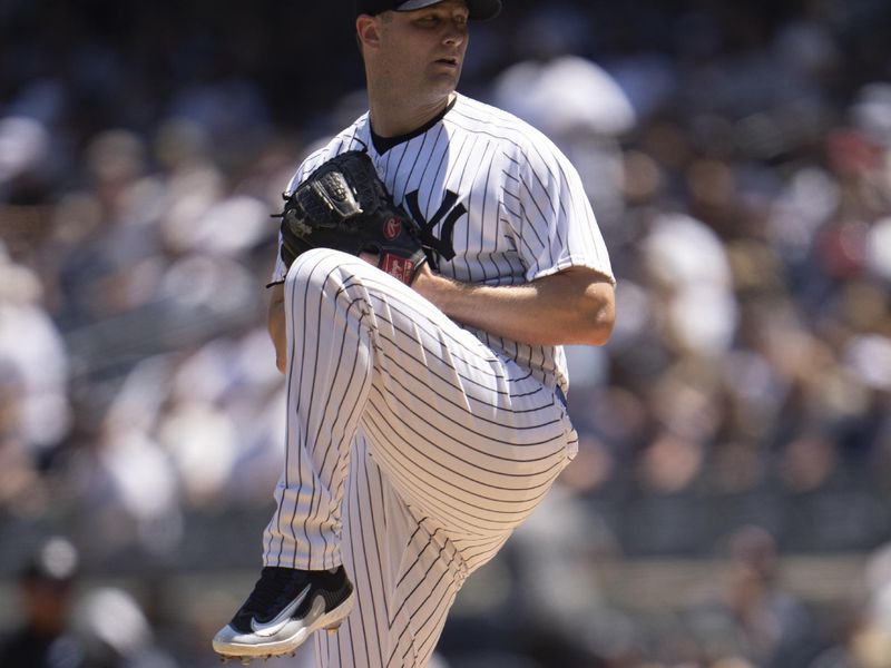 May 28, 2023; Bronx, New York, USA; New York Yankees pitcher Gerrit Cole (45) delivers a pitch against the San Diego Padres during the first inning at Yankee Stadium. Mandatory Credit: Gregory Fisher-USA TODAY Sports