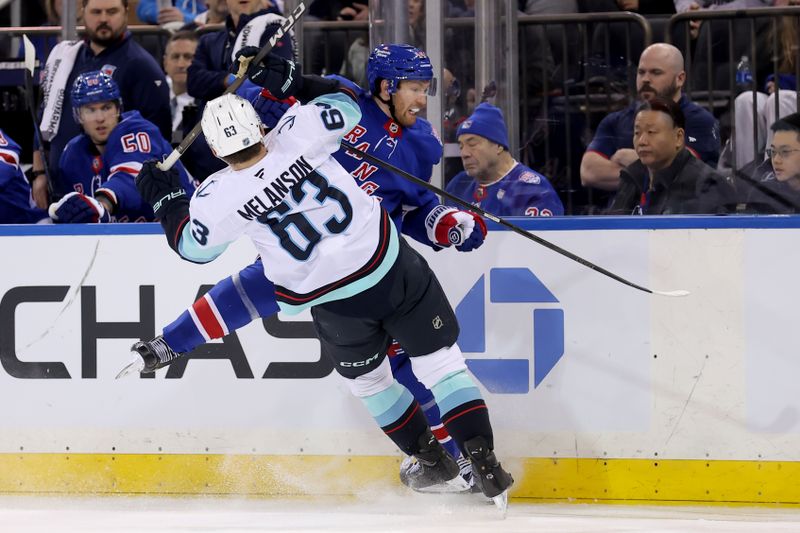 Jan 12, 2026; New York, New York, USA; New York Rangers defenseman Vladislav Gavrikov (44) collides with Seattle Kraken right wing Jacob Melanson (63) during the second period at Madison Square Garden. Mandatory Credit: Brad Penner-Imagn Images