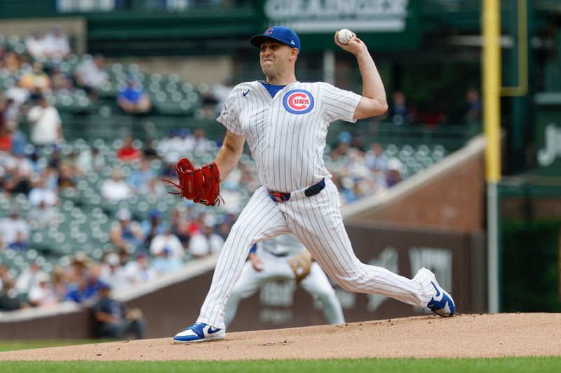 Aug 19, 2025; Chicago, Illinois, USA; Chicago Cubs starting pitcher Matthew Boyd (16) delivers a pitch against the Milwaukee Brewers during the first inning of the game one of the doubleheader at Wrigley Field. Mandatory Credit: Kamil Krzaczynski-Imagn Images