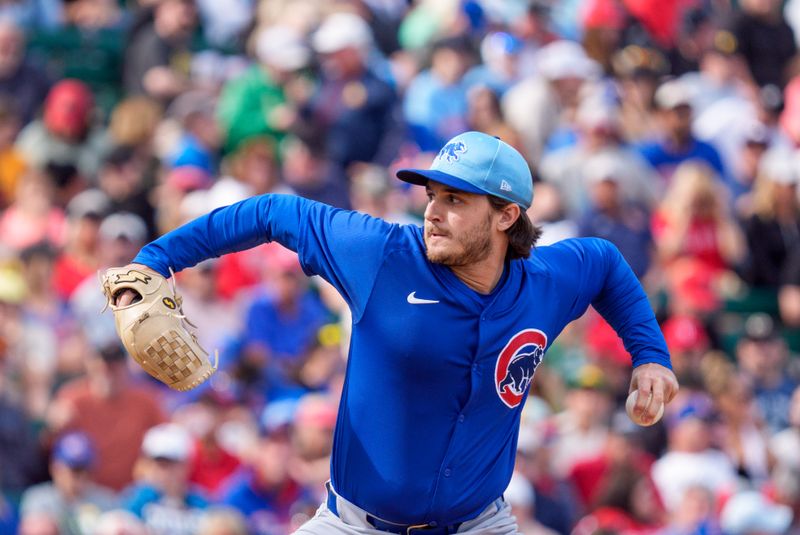 Mar 16, 2024; Tempe, Arizona, USA; Chicago Cubs pitcher Thomas Pannone (46) pitches in the ninth inning during a spring training game against the Los Angeles Angels at Tempe Diablo Stadium. Mandatory Credit: Allan Henry-USA TODAY Sports