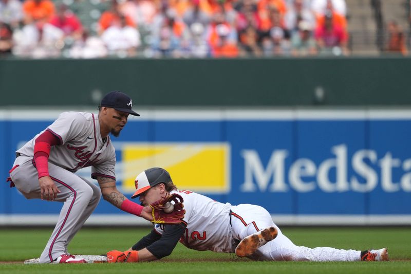 Jun 13, 2024; Baltimore, Maryland, USA; Baltimore Orioles shortstop Gunnar Henderson (2) steals second base ahead of a tag by Atlanta Braves shortstop Orlando Arica (11) during the first inning at Oriole Park at Camden Yards. Mandatory Credit: Mitch Stringer-USA TODAY Sports