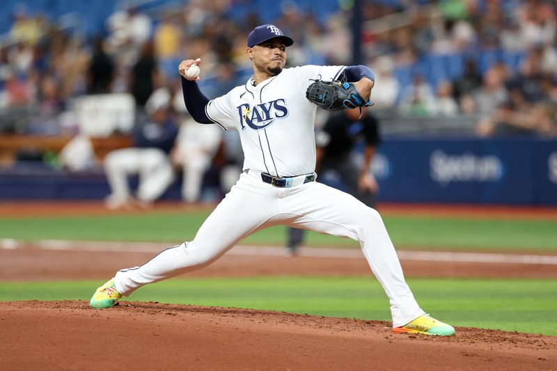 Sep 5, 2024; St. Petersburg, Florida, USA; Tampa Bay Rays pitcher Taj Bradley (45) throws a pitch against the Minnesota Twins in the third inning at Tropicana Field. Mandatory Credit: Nathan Ray Seebeck-Imagn Images