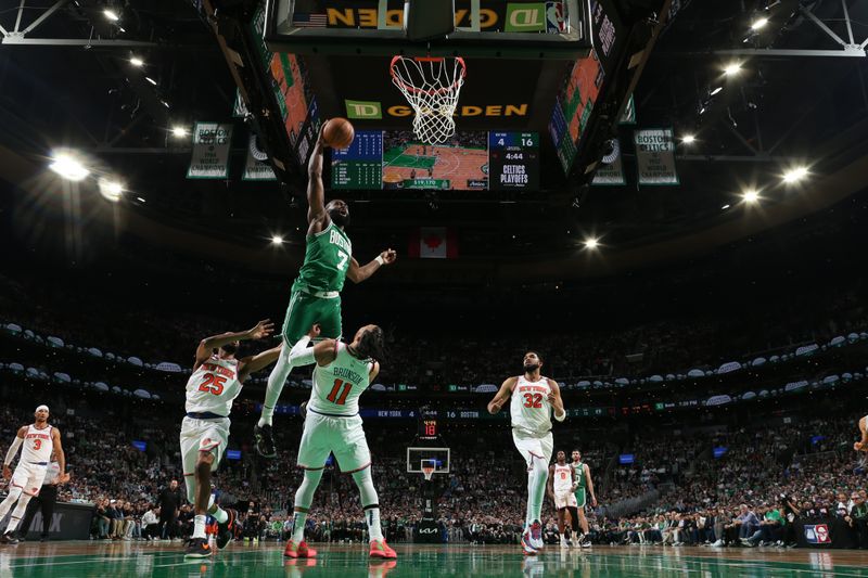 BOSTON, MA - May 7:  Jaylen Brown #7 of the Boston Celtics drives to the basket during the game against the New York Knicks   during Round 2 Game 2 of the 2025 NBA Playoffs  on May 7, 2025 at TD Garden in Boston, Massachusetts. NOTE TO USER: User expressly acknowledges and agrees that, by downloading and/or using this Photograph, user is consenting to the terms and conditions of the Getty Images License Agreement. Mandatory Copyright Notice: Copyright 2025 NBAE (Photo by Nathaniel S. Butler/NBAE via Getty Images)