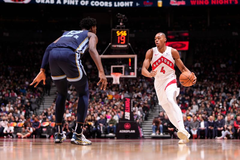 TORONTO, CANADA - JANUARY 22: Scottie Barnes #4 of the Toronto Raptors handles the ball during the game against the Memphis Grizzlies on January 22, 2024 at the Scotiabank Arena in Toronto, Ontario, Canada.  NOTE TO USER: User expressly acknowledges and agrees that, by downloading and or using this Photograph, user is consenting to the terms and conditions of the Getty Images License Agreement.  Mandatory Copyright Notice: Copyright 2024 NBAE (Photo by Mark Blinch/NBAE via Getty Images)