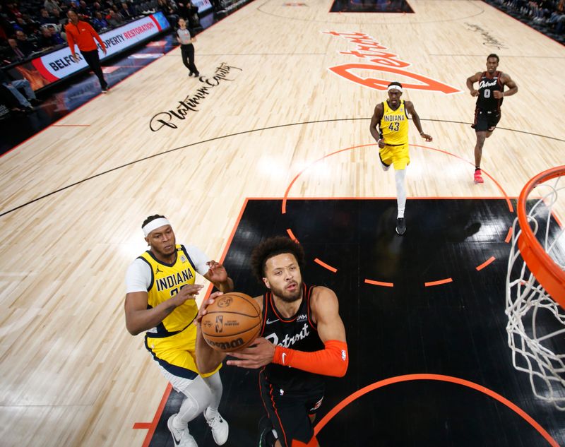 DETROIT, MI - MARCH 20: Cade Cunningham #2 of the Detroit Pistons drives to the basket during the game against the Indiana Pacers on March 20, 2024 at Little Caesars Arena in Detroit, Michigan. NOTE TO USER: User expressly acknowledges and agrees that, by downloading and/or using this photograph, User is consenting to the terms and conditions of the Getty Images License Agreement. Mandatory Copyright Notice: Copyright 2024 NBAE (Photo by Brian Sevald/NBAE via Getty Images)