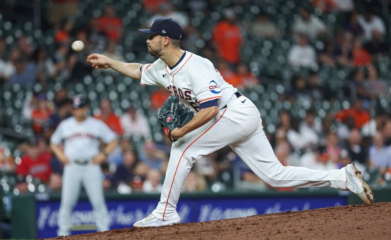 May 2, 2024; Houston, Texas, USA; Houston Astros relief pitcher Seth Martinez (61) delivers a pitch during the ninth inning against the Cleveland Guardians at Minute Maid Park. Mandatory Credit: Troy Taormina-USA TODAY Sports