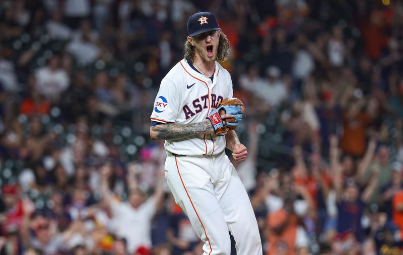 May 21, 2024; Houston, Texas, USA; Houston Astros relief pitcher Josh Hader (71) reacts after getting a strikeout during the tenth inning against the Los Angeles Angels at Minute Maid Park. Mandatory Credit: Troy Taormina-USA TODAY Sports