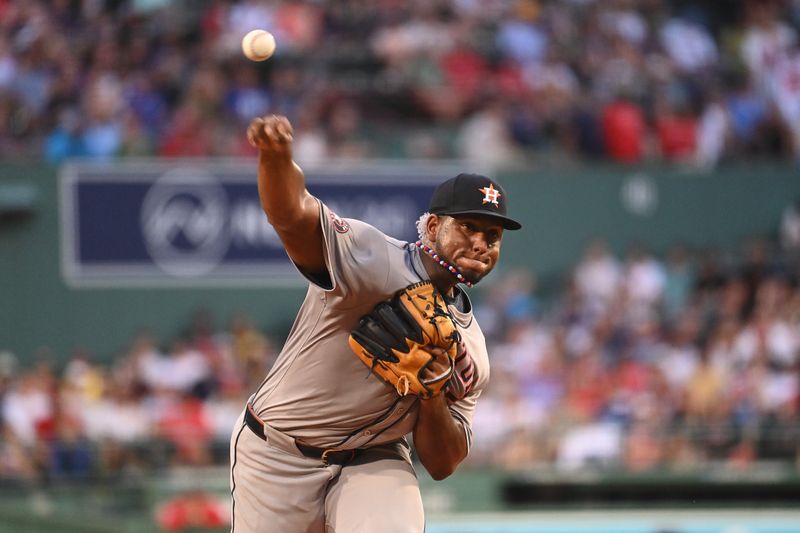 Aug 9, 2024; Boston, Massachusetts, USA; Houston Astros starting pitcher Ronel Blanco (56) pitches against the Boston Red Sox during the first inning at Fenway Park. Mandatory Credit: Eric Canha-USA TODAY Sports