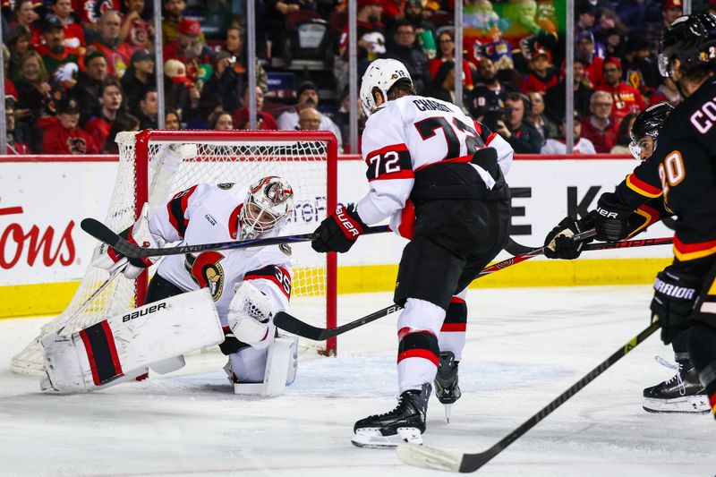 Mar 5, 2026; Calgary, Alberta, CAN; Ottawa Senators goaltender Linus Ullmark (35) makes a save against the Calgary Flames during the second period at Scotiabank Saddledome. Mandatory Credit: Sergei Belski-Imagn Images