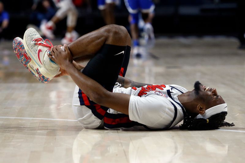 Jan 31, 2023; Oxford, Mississippi, USA; Mississippi Rebels guard Amaree Abram (1) reacts after a turn over during the second half against the Kentucky Wildcats at The Sandy and John Black Pavilion at Ole Miss. Mandatory Credit: Petre Thomas-USA TODAY Sports