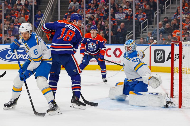 Jan 18, 2026; Edmonton, Alberta, CAN; Edmonton Oilers forward Zach Hyman (18) deflects a shot wide of St. Louis Blues goaltender Jordan Binnington (50) during the first period at Rogers Place. Mandatory Credit: Perry Nelson-Imagn Images
