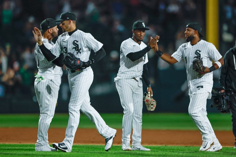 Sep 16, 2023; Chicago, Illinois, USA; Chicago White Sox players celebrate after defeating the Minnesota Twins  at Guaranteed Rate Field. Mandatory Credit: Kamil Krzaczynski-USA TODAY Sports