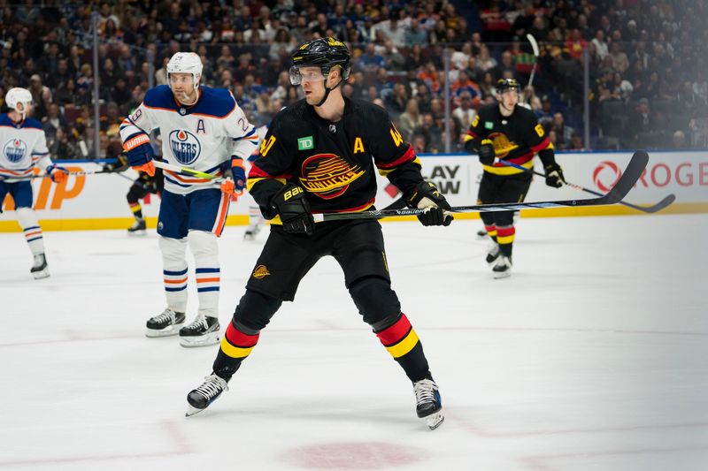 Nov 6, 2023; Vancouver, British Columbia, CAN; Vancouver Canucks forward Elias Pettersson (40) skates against the Edmonton Oilers in the first period at Rogers Arena. Mandatory Credit: Bob Frid-USA TODAY Sports