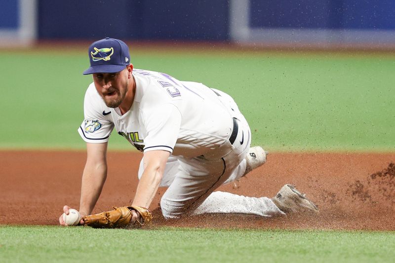 May 26, 2023; St. Petersburg, Florida, USA;  Tampa Bay Rays relief pitcher Cooper Criswell (71) fields the ball against the Los Angeles Dodgers in the fifth inning at Tropicana Field. Mandatory Credit: Nathan Ray Seebeck-USA TODAY Sports