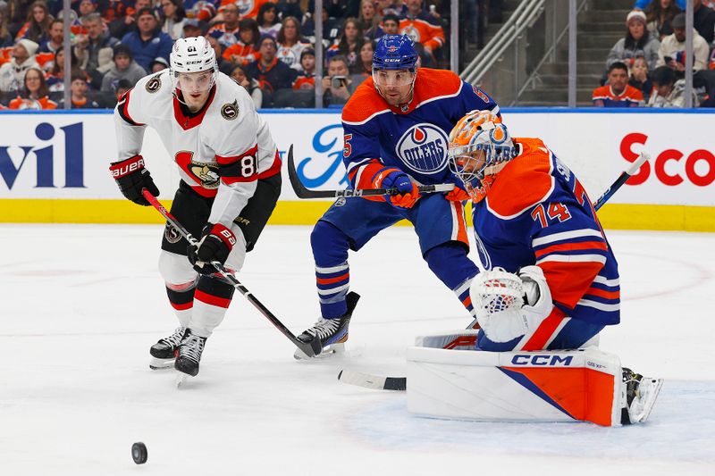 Jan 6, 2024; Edmonton, Alberta, CAN; Ottawa Senators forward Dominik Kubalik (81) looks for a rebound in front of Edmonton Oilers goaltender Stuart Skinner (74) during the second period at Rogers Place. Mandatory Credit: Perry Nelson-USA TODAY Sports