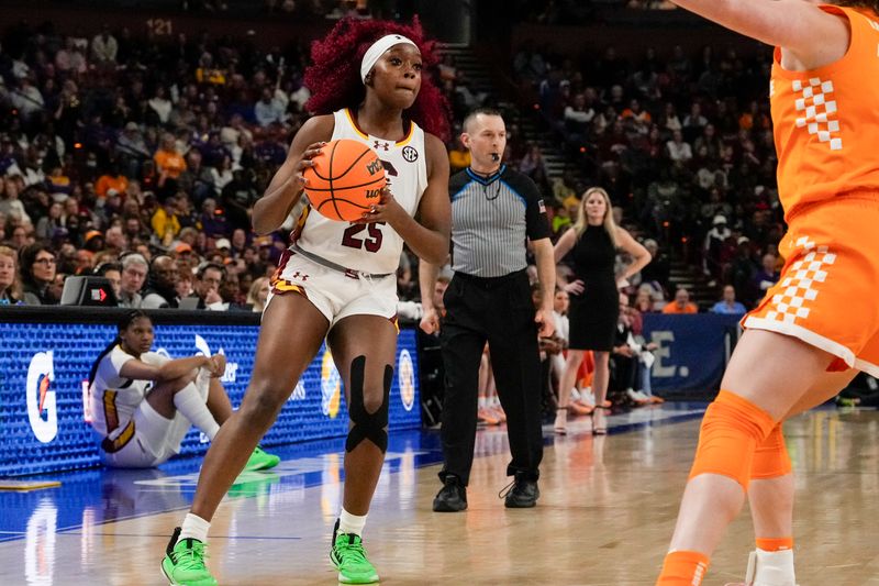 Mar 9, 2024; Greensville, SC, USA; South Carolina Gamecocks guard Raven Johnson (25) looks for an open teammate against the Tennessee Lady Vols during the second half at Bon Secours Wellness Arena. Mandatory Credit: Jim Dedmon-USA TODAY Sports