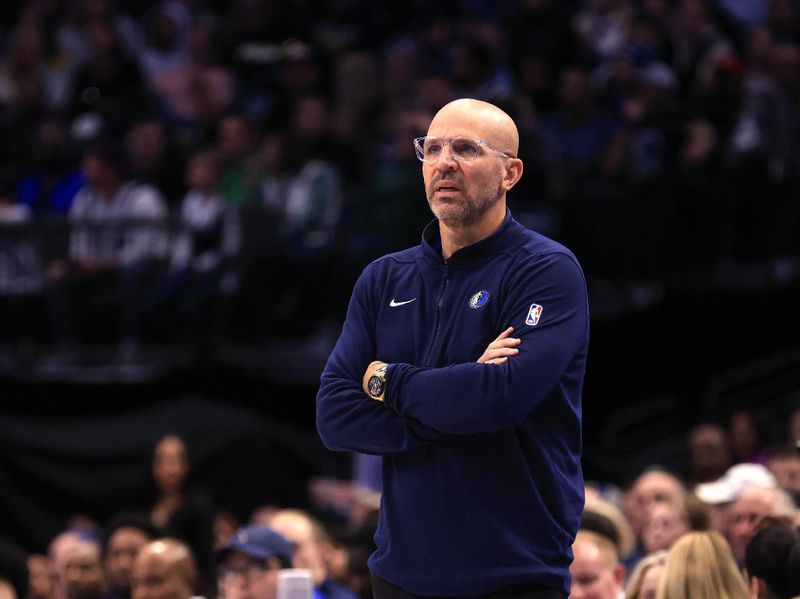 DALLAS, TX - JANUARY 27:  Head coach Jason Kidd # of the Dallas Mavericks looks on as Dallas takes on the Sacramento Kings in the first half at American Airlines Center on January 27, 2024 in Dallas, Texas. NOTE TO USER: User expressly acknowledges and agrees that, by downloading and or using this photograph, User is consenting to the terms and conditions of the Getty Images License Agreement. (Photo by Ron Jenkins/Getty Images)