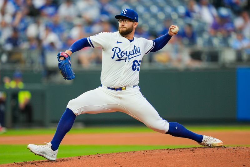 Sep 4, 2025; Kansas City, Missouri, USA; Kansas City Royals starting pitcher Noah Cameron (65) pitches during the first inning against the Los Angeles Angels at Kauffman Stadium. Mandatory Credit: Jay Biggerstaff-Imagn Images
