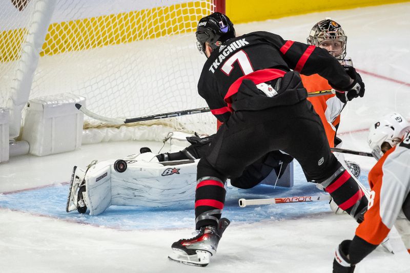 Oct 14, 2023; Ottawa, Ontario, CAN; Ottawa Senators left wing Brady Tkachuk (7) shoots on Philadelphia Flyers goalie Carter Hart (79) in the third period at the Canadian Tire Centre. Mandatory Credit: Marc DesRosiers-USA TODAY Sports