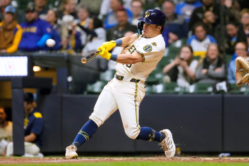 May 19, 2025; Milwaukee, Wisconsin, USA;  Milwaukee Brewers right fielder Sal Frelick (10) hits a triple during the sixth inning against the Baltimore Orioles at American Family Field. Mandatory Credit: Jeff Hanisch-Imagn Images