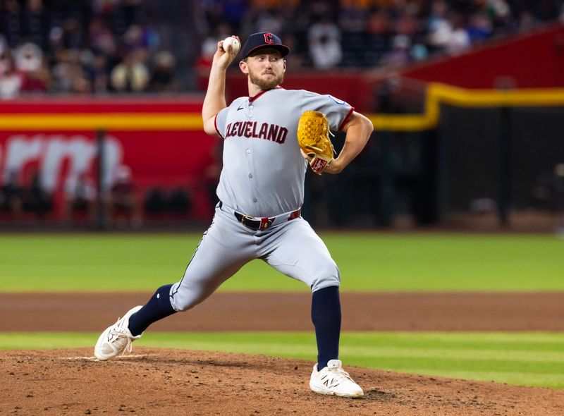 Aug 19, 2025; Phoenix, Arizona, USA; Cleveland Guardians pitcher Tanner Bibee against the Arizona Diamondbacks at Chase Field. Mandatory Credit: Mark J. Rebilas-Imagn Images