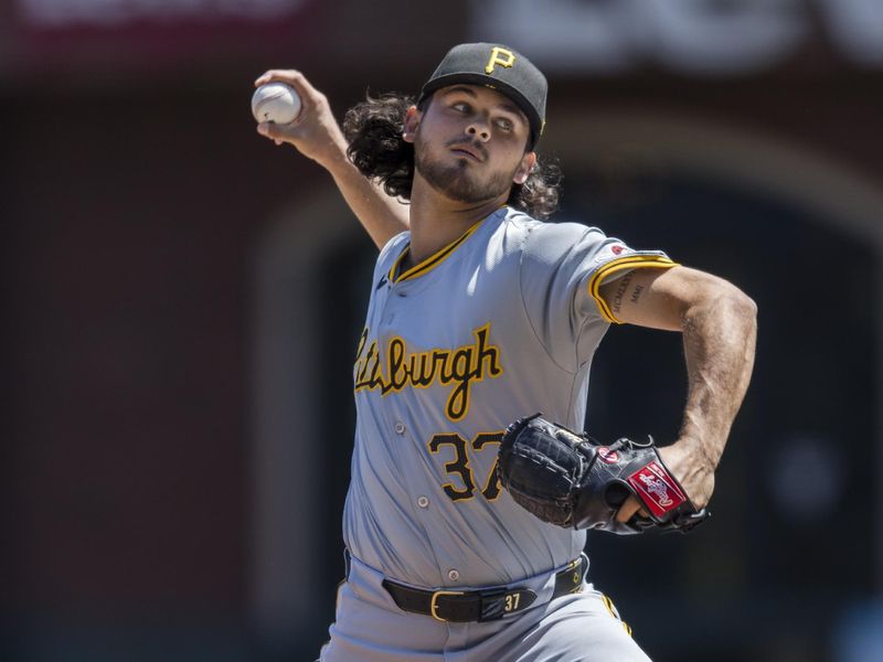 Apr 28, 2024; San Francisco, California, USA;  Pittsburgh Pirates starting pitcher Jared Jones (37) throws against the San Francisco Giants during the first inning at Oracle Park. Mandatory Credit: John Hefti-USA TODAY Sports