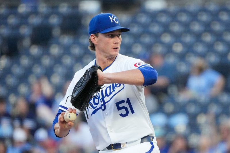 Sep 3, 2024; Kansas City, Missouri, USA; Kansas City Royals starting pitcher Brady Singer (51) delivers a pitch against the Cleveland Guardians during the first inning at Kauffman Stadium. Mandatory Credit: Denny Medley-Imagn Images